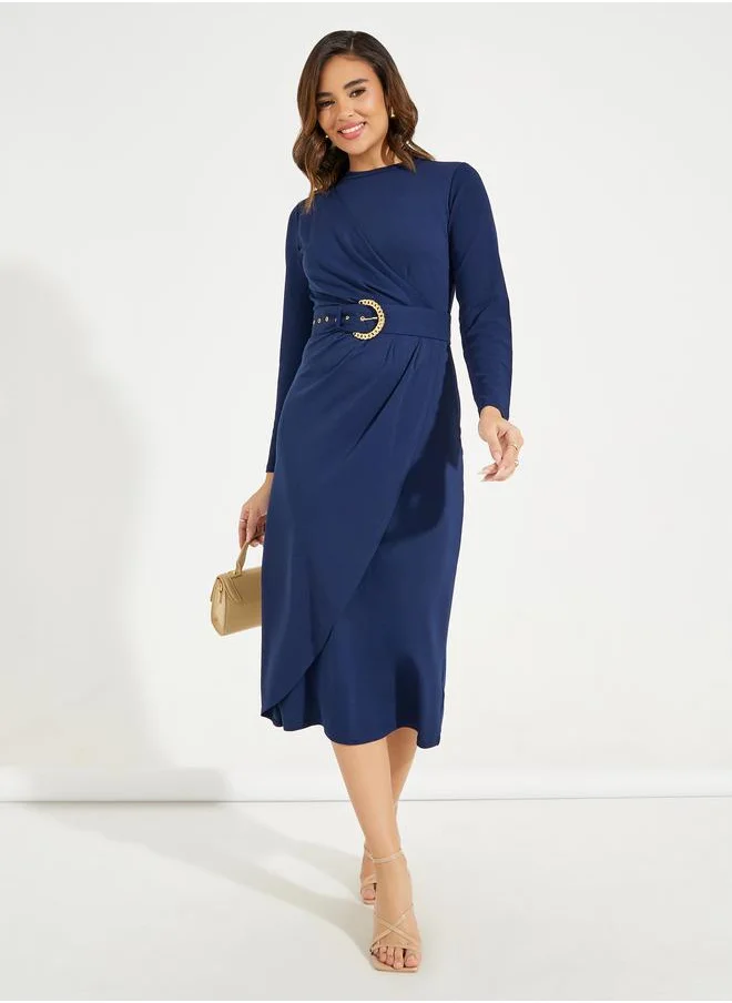 Styli High Neck Wrap Front Belted Midi Dress