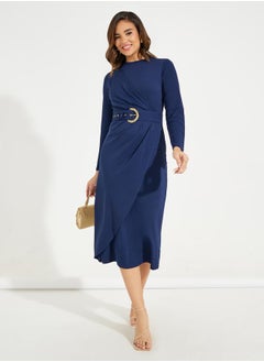Styli High Neck Wrap Front Belted Midi Dress  - Image 1