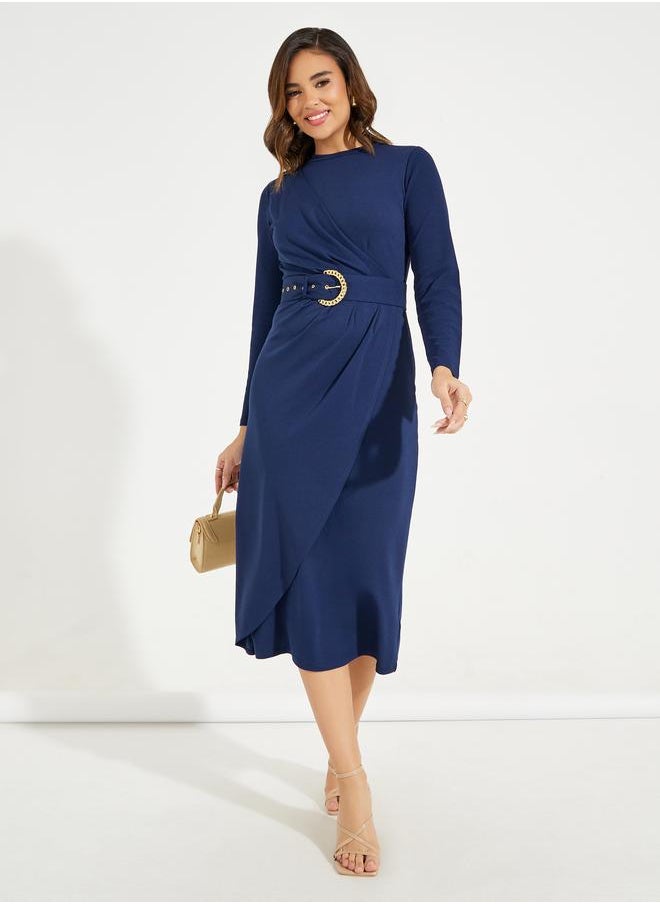 Styli High Neck Wrap Front Belted Midi Dress  - Image 1
