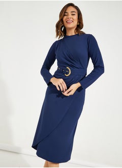 Styli High Neck Wrap Front Belted Midi Dress  - Image 2