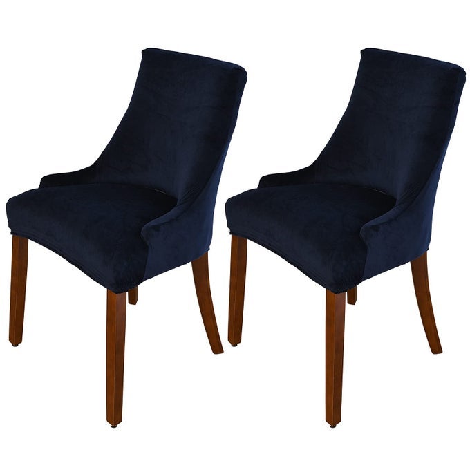 VELVET WINGBACK CHAIR COVER SLIPCOVER STRETCH WASHABLE SLOPING ARMCHAIR PROTECTOR SEAT COVER FOR DINING ROOM BANQUET HOME PARTY DECOR SET OF 2NAVY BLUE