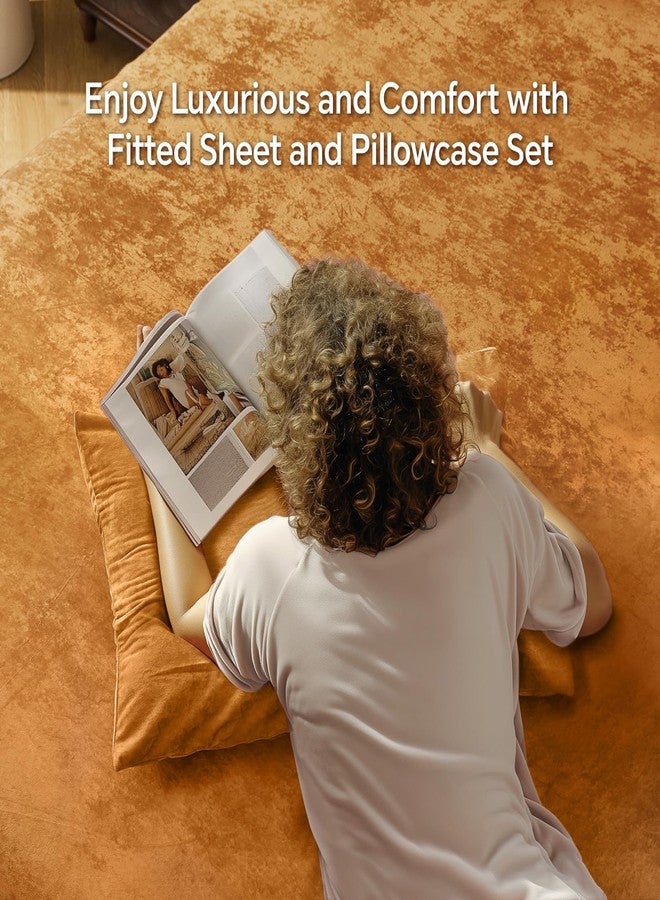 BEDELITE Velvet Fitted Sheet and Pillowcases Set, Luxury Soft Fuzzy Bottom Sheet with Reinforced Elastic Corner Straps, Deep Pocket up to 15 Inch, 1 Fitted Sheet and 2 Pillowcases (Full, Burnt Orange) - Image 2