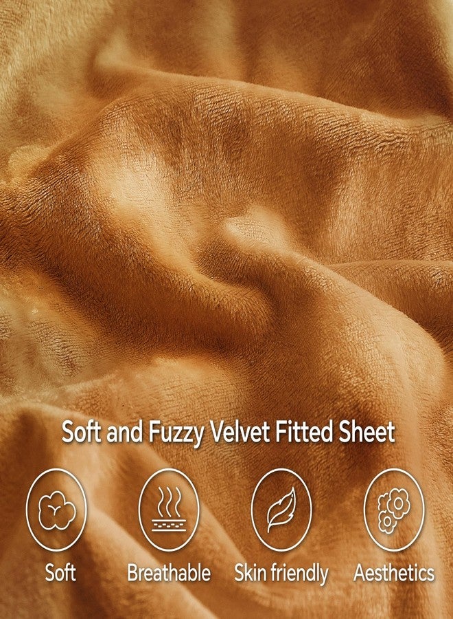 BEDELITE Velvet Fitted Sheet and Pillowcases Set, Luxury Soft Fuzzy Bottom Sheet with Reinforced Elastic Corner Straps, Deep Pocket up to 15 Inch, 1 Fitted Sheet and 2 Pillowcases (Full, Burnt Orange) - Image 3