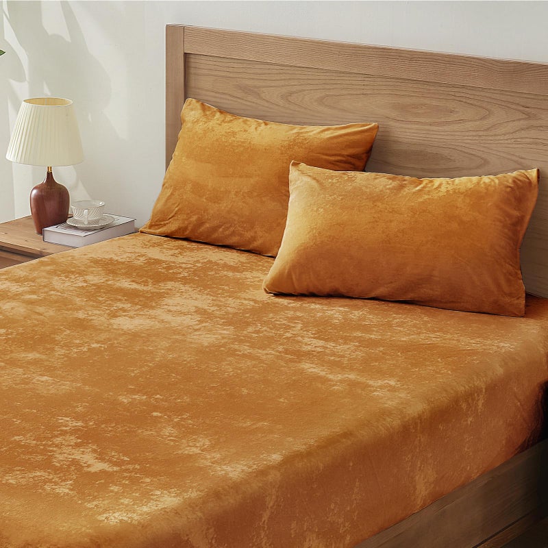BEDELITE Velvet Fitted Sheet and Pillowcases Set, Luxury Soft Fuzzy Bottom Sheet with Reinforced Elastic Corner Straps, Deep Pocket up to 15 Inch, 1 Fitted Sheet and 2 Pillowcases (Full, Burnt Orange) - Image 1