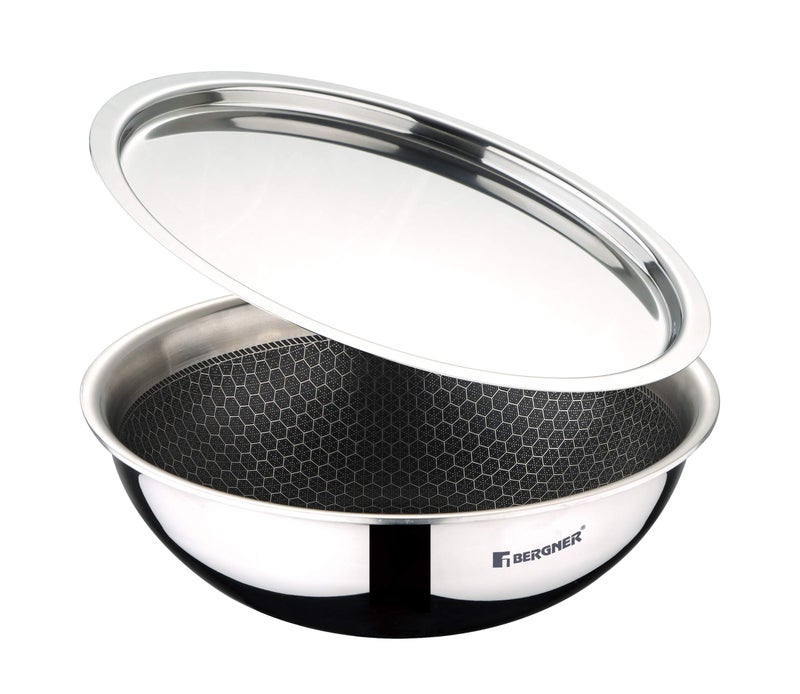 BERGNER Hitech Triply Stainless Steel Scratch Resistant Non Stick Tasra/Tasla With Stainless Steel Lid, 26 cm, 3.6 Litres, Induction Base, Food Safe (PFOA Free), 2 Years Warranty, Silver - Image 1
