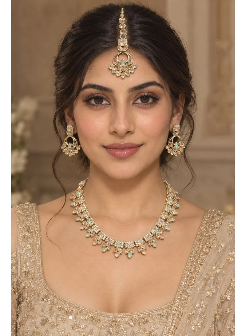 Lehar Mint & Peach Pastel Kundan Necklace Set with Chandbali Earrings & Maang Tikka - Indian Bridal Jewelry