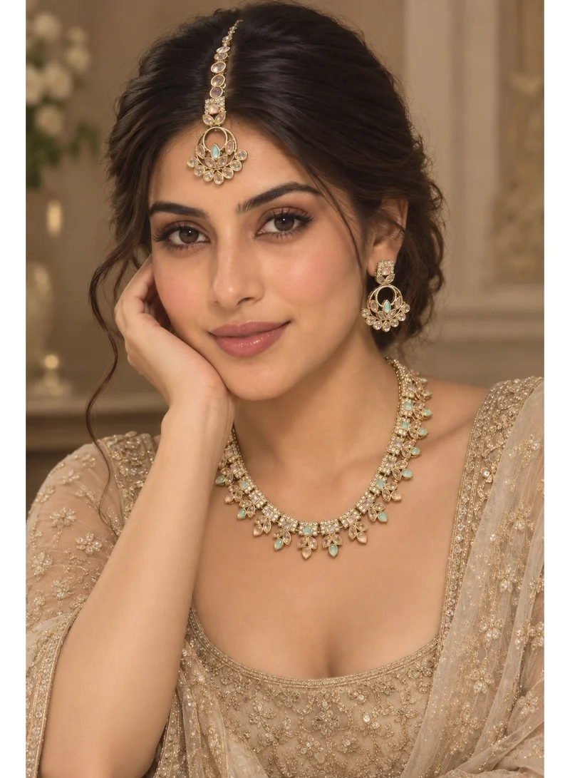 Lehar Mint & Peach Pastel Kundan Necklace Set with Chandbali Earrings & Maang Tikka - Indian Bridal Jewelry