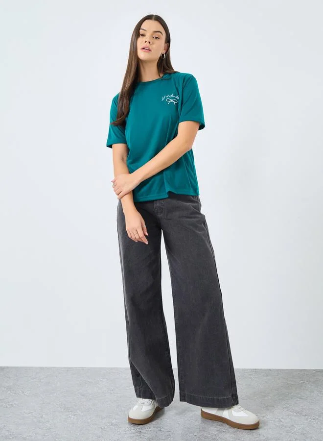 Styli Styli Dark Green Slogan Print Embellished T-Shirt