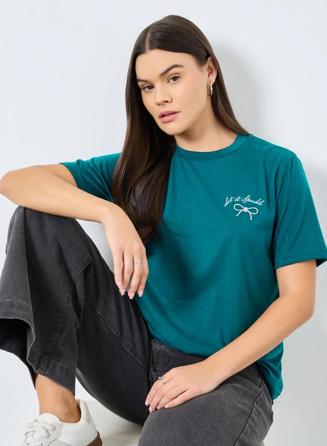 Styli Styli Dark Green Slogan Print Embellished T-Shirt