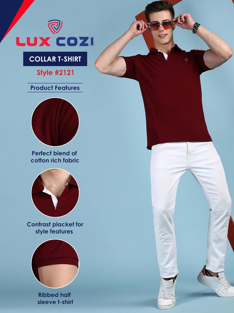 Lux Cozi Men's Pack of 1 Maroon Regular Fit Polo Neck Half Sleeve Solid Casual T-Shirt (Size : XX-Large)_COZI_2121_MRN_2XL_1PC - Image 2