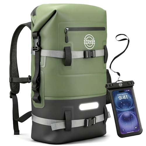 STOVER 51025304055L Waterproof Dry Backpack Phone Case XLarge Floating Dry Bag for Kayaking Travel Hiking Fishing Camping Motorcycles Beach HeavyDuty Roll Top MenWomen Green - Image 1