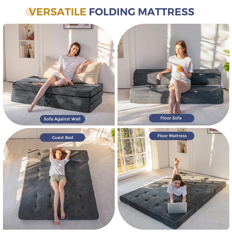 MAXYOYO Folding Mattress, 4 Inch Tufted Foldable Mattress Full Foam Bed, Tri-Fold Floor Couch with Handles Guest Bed Topper Portable Camping Mat with Corded Fabric, Twin Size, Dark Grey - Image 4