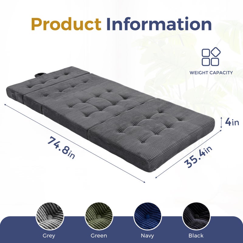 MAXYOYO Folding Mattress, 4 Inch Tufted Foldable Mattress Full Foam Bed, Tri-Fold Floor Couch with Handles Guest Bed Topper Portable Camping Mat with Corded Fabric, Twin Size, Dark Grey - Image 2