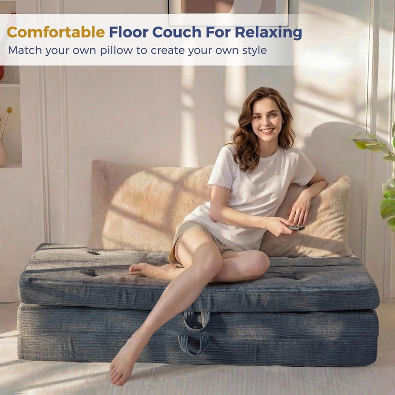 MAXYOYO Folding Mattress, 4 Inch Tufted Foldable Mattress Full Foam Bed, Tri-Fold Floor Couch with Handles Guest Bed Topper Portable Camping Mat with Corded Fabric, Twin Size, Dark Grey - Image 3