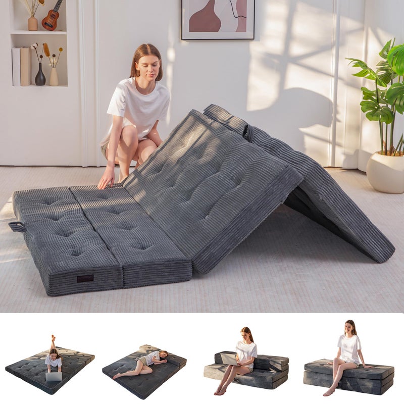 MAXYOYO Folding Mattress, 4 Inch Tufted Foldable Mattress Full Foam Bed, Tri-Fold Floor Couch with Handles Guest Bed Topper Portable Camping Mat with Corded Fabric, Twin Size, Dark Grey - Image 1