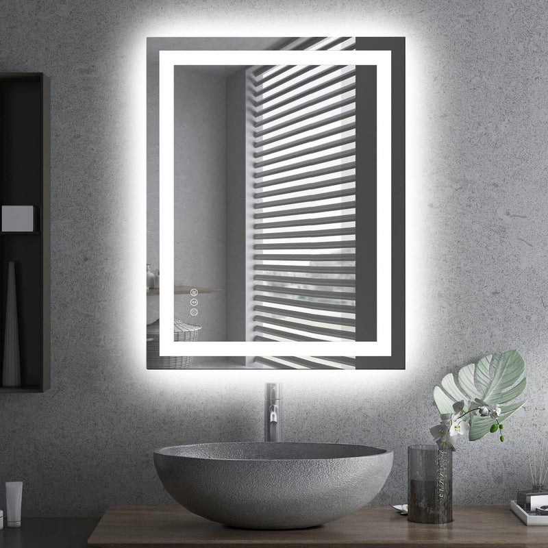 مرآة حمام LED أموره 28x 36 مع إضاءة أمامية وخلفية قابلة للتعتيم بدون خطوات مرآة حائط مضادة للضباب ومضادة للكسر بذاكرة 3 ألوان مرآة تجميل مزدوجة LED أفقية وعمودية