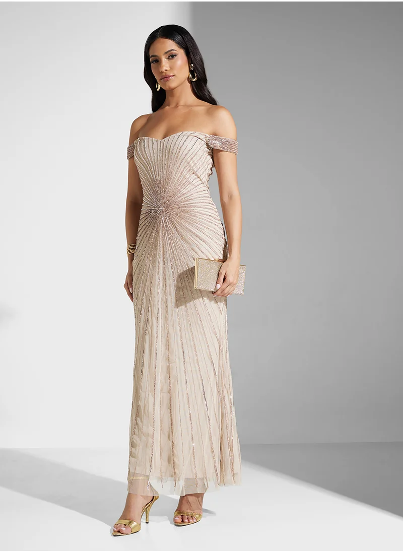 نمشي x Off Shoulder Sequin Embellished Mermaid Dress