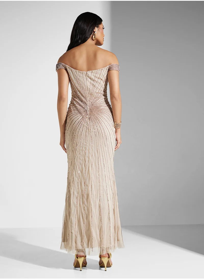 نمشي x Off Shoulder Sequin Embellished Mermaid Dress