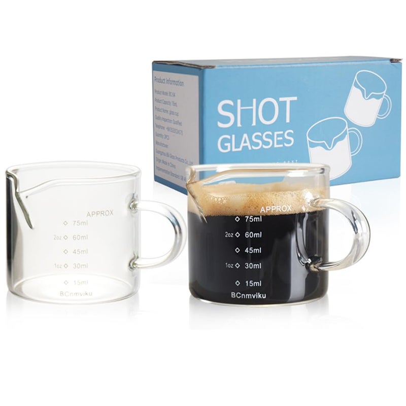 BCnmviku 2 PACK Espresso Glass Measuring Cup Triple Pitcher Milk Cup 75ML Espresso Cups with Handle Shot Glass with V-Shaped Mouth Clear Accessories Milk Frothing Pitcher (2) - Image 1