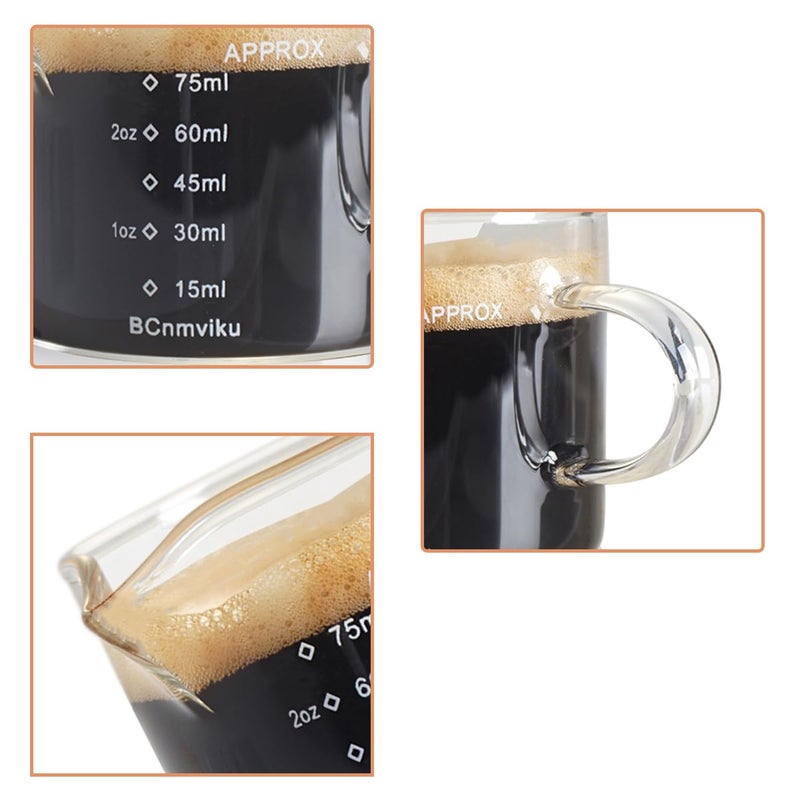 BCnmviku 2 PACK Espresso Glass Measuring Cup Triple Pitcher Milk Cup 75ML Espresso Cups with Handle Shot Glass with V-Shaped Mouth Clear Accessories Milk Frothing Pitcher (2) - Image 4