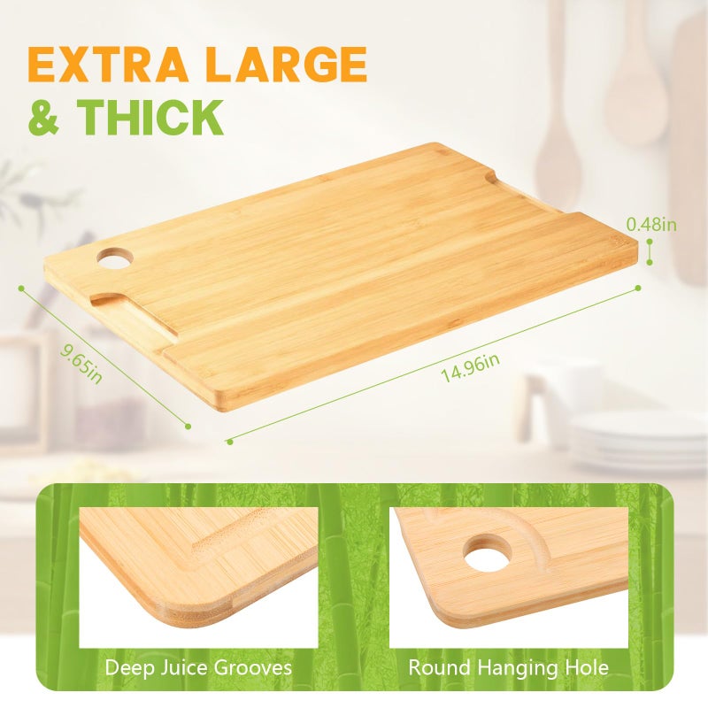 EPIMA Bamboo Cutting Boards for Kitchen 14.9" x 9.6", Reversible Wood Cutting Board with Juice Groove & Side Handles, Chopping Board for Meat & Cheese, 100% Organic Bamboo - Image 4
