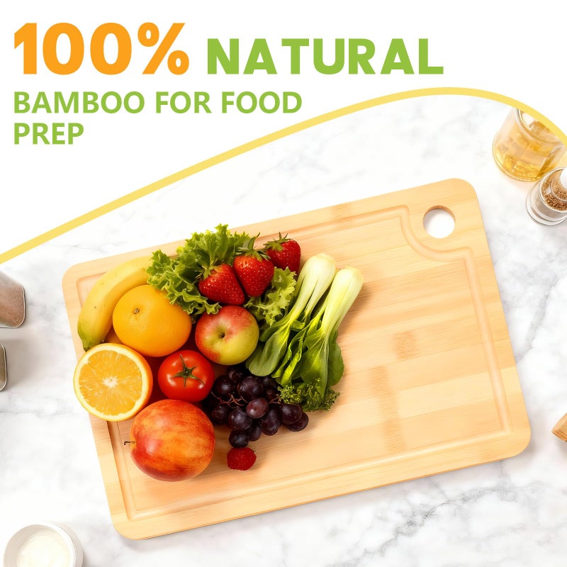 EPIMA Bamboo Cutting Boards for Kitchen 14.9" x 9.6", Reversible Wood Cutting Board with Juice Groove & Side Handles, Chopping Board for Meat & Cheese, 100% Organic Bamboo - Image 2