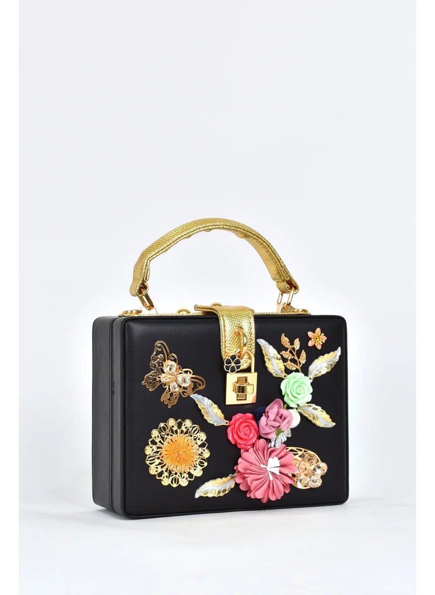 ايلاتي Women's Shoulder Strap Floral Evening Dress Daily Hand Bag Black 17605