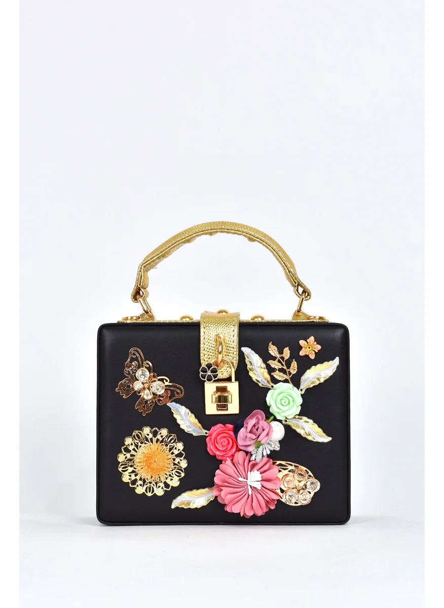 ايلاتي Women's Shoulder Strap Floral Evening Dress Daily Hand Bag Black 17605