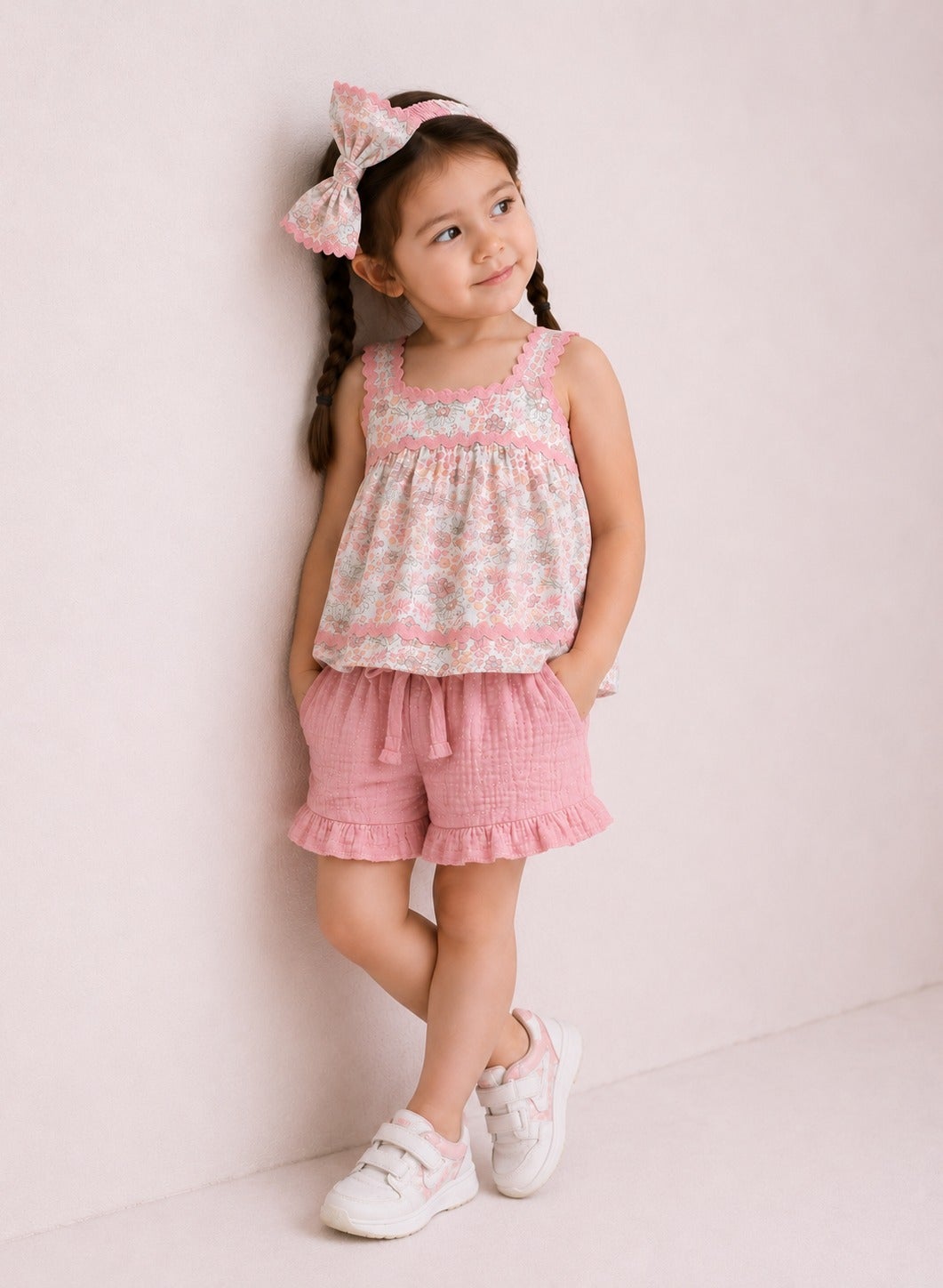 victor and jane Baby Girls 4 Pc Set- Floral Peplum Top & Ruffle Shorts Set with Matching Headband and Sunglasses