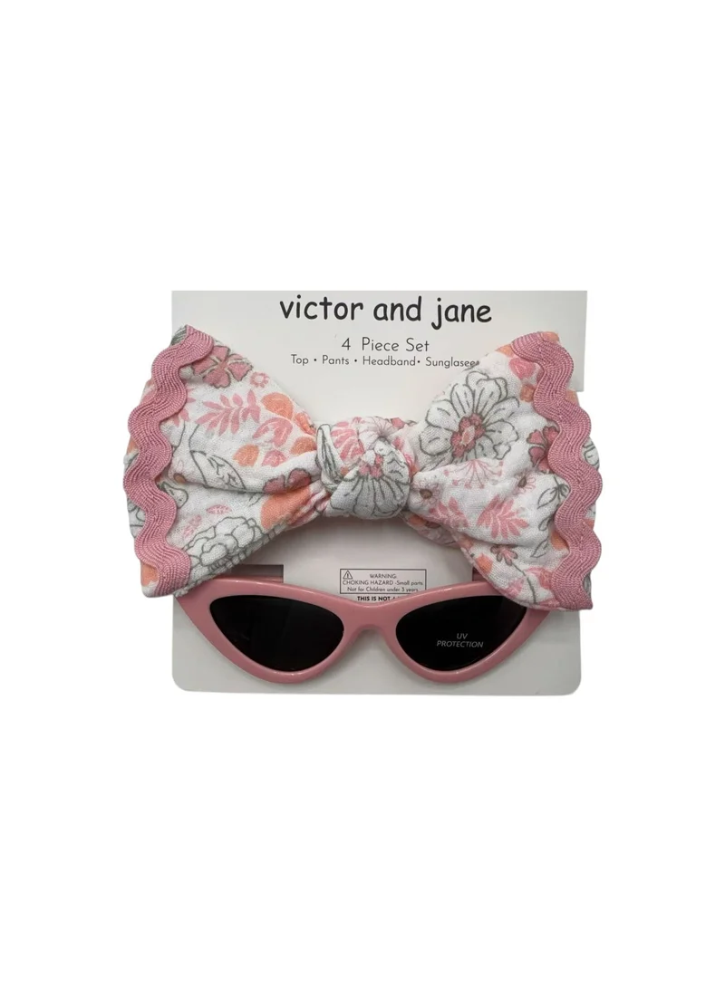 Victor And Jane  Baby Girls 4 Pc Set- Floral Peplum Top & Ruffle Shorts Set with Matching Headband and Sunglasses for Women | Best Price UAE