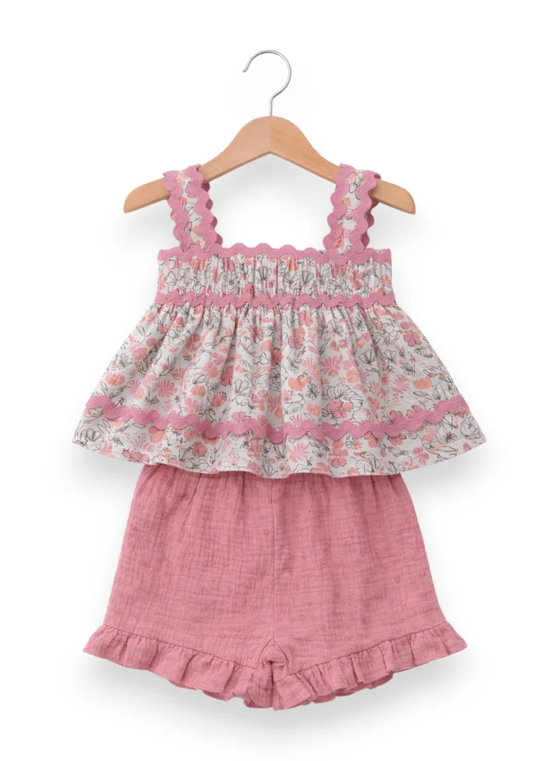 Victor And Jane  Baby Girls 4 Pc Set- Floral Peplum Top & Ruffle Shorts Set with Matching Headband and Sunglasses for Women | Best Price UAE