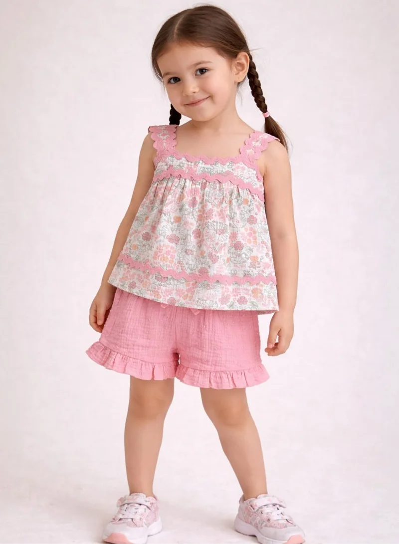 فكتور اند جين Baby Girls 4 Pc Set- Floral Peplum Top & Ruffle Shorts Set with Matching Headband and Sunglasses