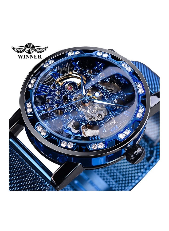 وينر ساعة رجالية ميكانيكية يدوية، كلاسيكية، أنيقة، عصرية، كاجوال، بسوار شبكي مجوف مرصع بأحجار الراين
