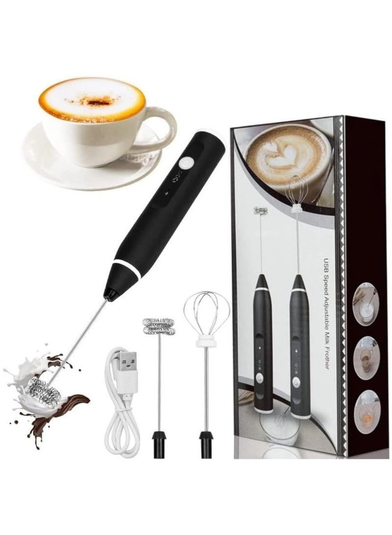 Portable Handheld Rechargeable Milk Frother With USB Port, Two Stainless Steel Whisks, And Three Adjustable Speeds For Cappuccinos, Hot Chocolate, Milkshakes, And Egg Mixtures (Black) - Image 1