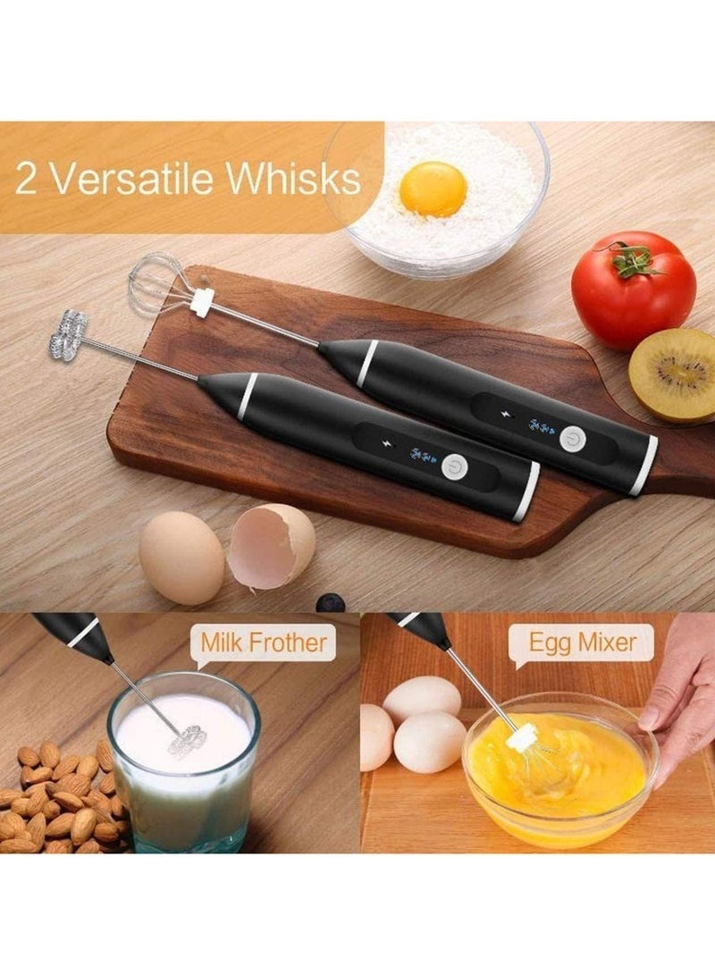 Portable Handheld Rechargeable Milk Frother With USB Port, Two Stainless Steel Whisks, And Three Adjustable Speeds For Cappuccinos, Hot Chocolate, Milkshakes, And Egg Mixtures (Black) - Image 3