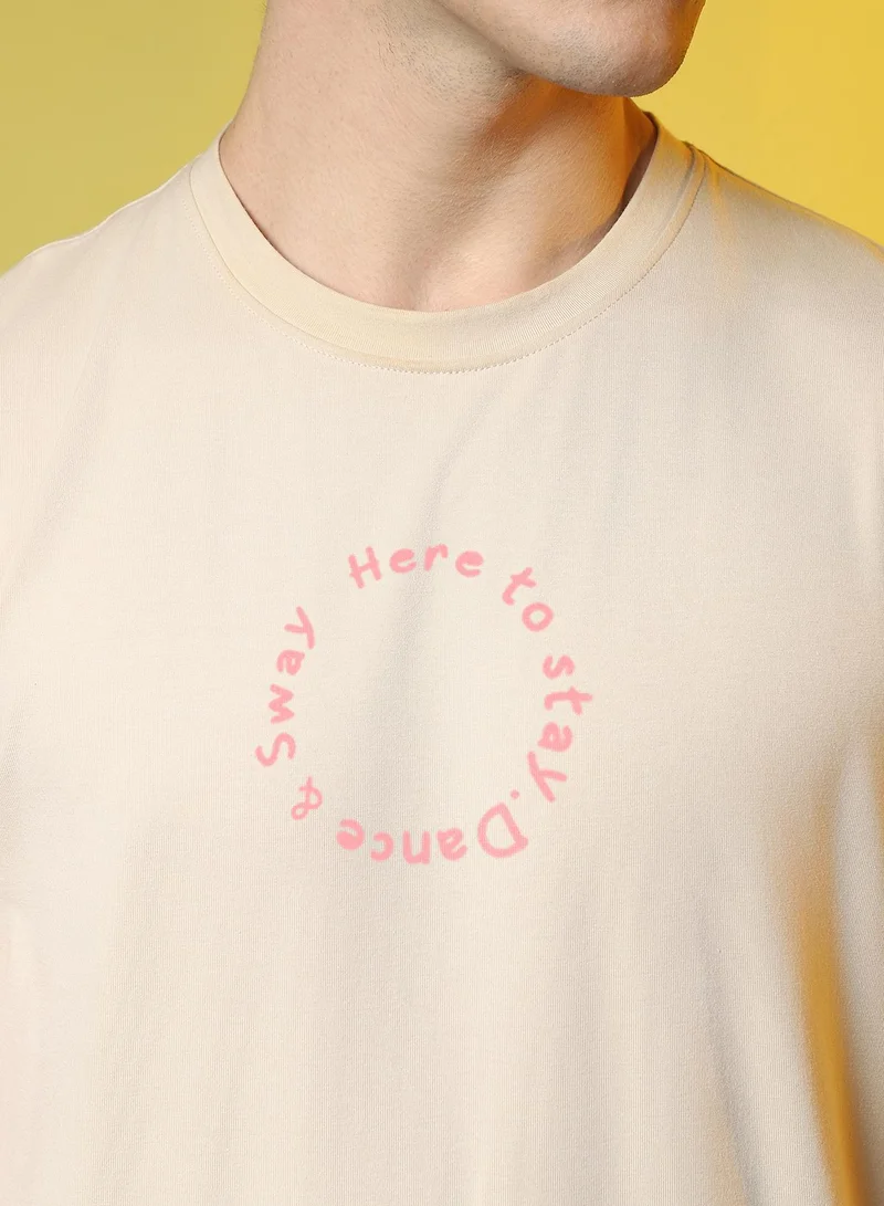 Campus Sutra Campus Sutra Men's Pale Yellow Printed Oversized Basic T-Shirt