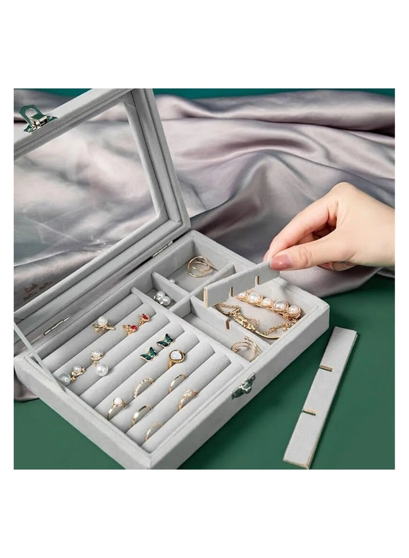 Luxury Jewelry Box with Drawers – Elegant Grey Organizer for Rings, Earrings & Accessories – Clear Lid & Crystal Knobs - Image 2