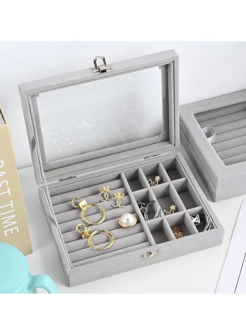Luxury Jewelry Box with Drawers – Elegant Grey Organizer for Rings, Earrings & Accessories – Clear Lid & Crystal Knobs - Image 3