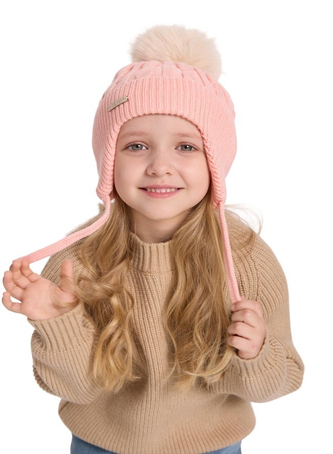 ZLYC Kids Girls Boys Winter Hats Cotton Lined Pom Pom Beanie Earflap Knitted Cap, Solid Pink - Image 2