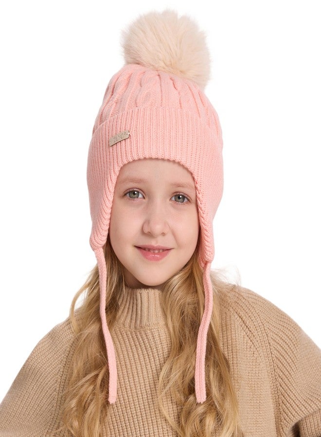 ZLYC Kids Girls Boys Winter Hats Cotton Lined Pom Pom Beanie Earflap Knitted Cap, Solid Pink - Image 1
