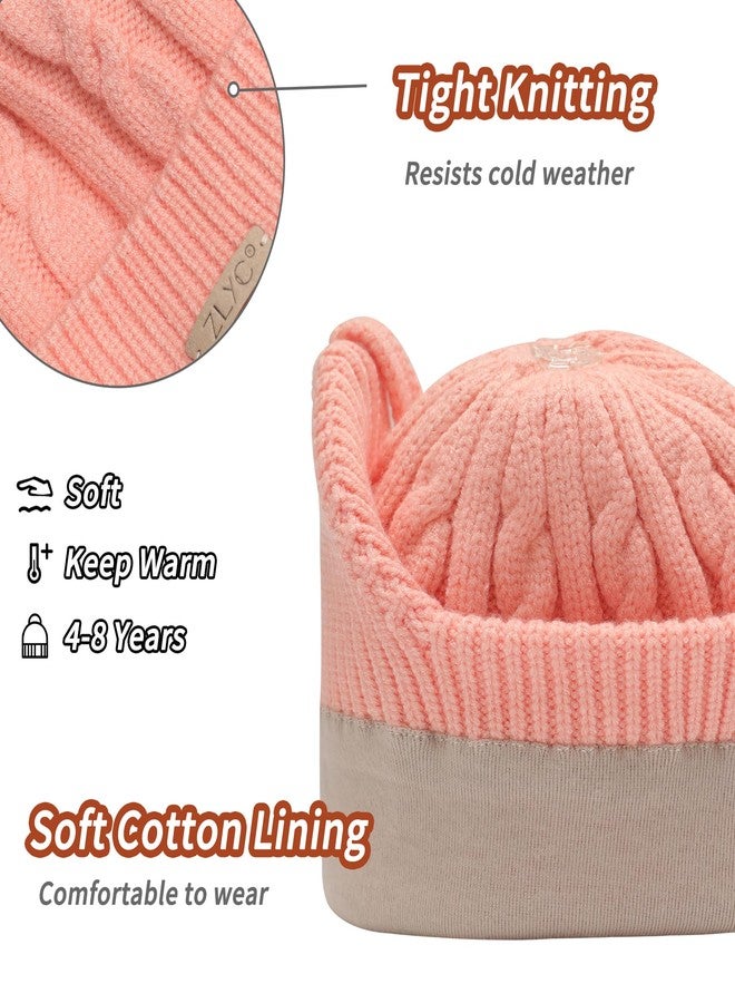 ZLYC Kids Girls Boys Winter Hats Cotton Lined Pom Pom Beanie Earflap Knitted Cap, Solid Pink - Image 4