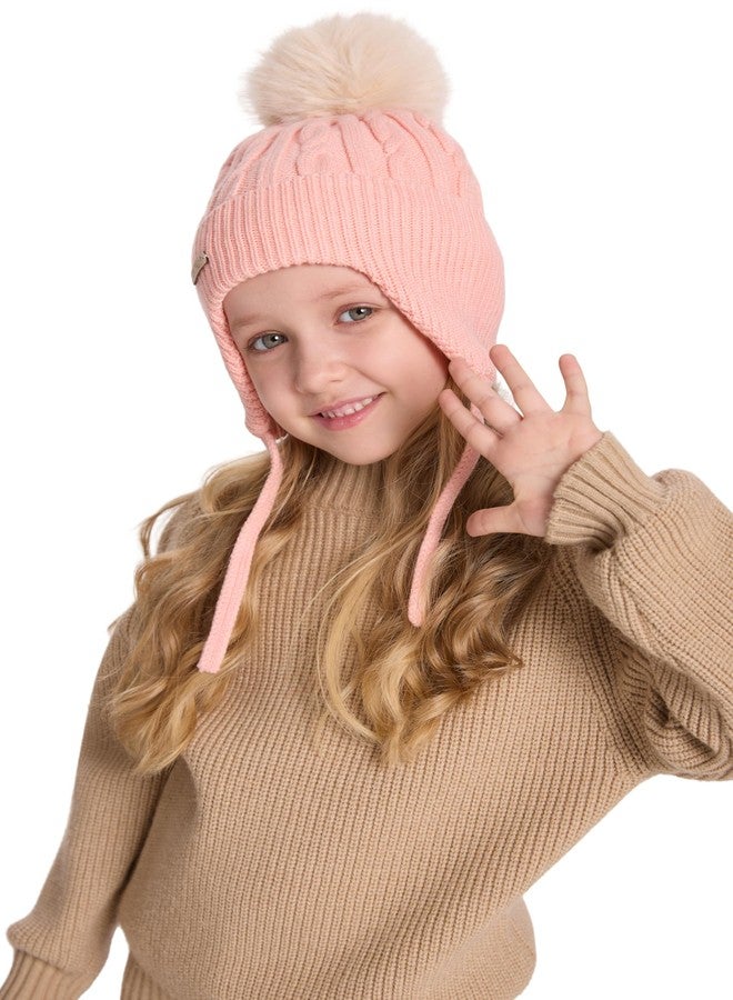 ZLYC Kids Girls Boys Winter Hats Cotton Lined Pom Pom Beanie Earflap Knitted Cap, Solid Pink - Image 3