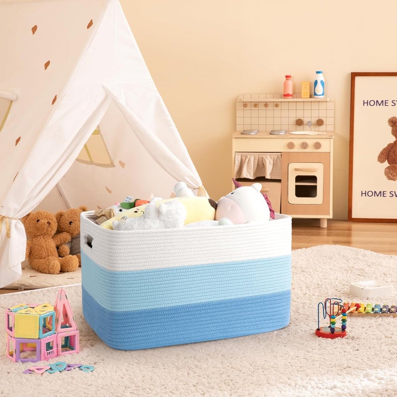 OIAHOMY Large Blanket Basket, 22”x17”x12” Rectangle Woven Baskets, Nursery Blanket Storage Living Room, Toy Storage With Handle, Large Baskets for Organizing-Gradient Light Blue - Image 2