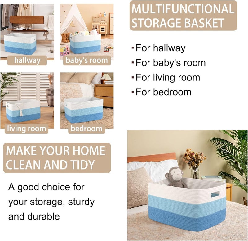 OIAHOMY Large Blanket Basket, 22”x17”x12” Rectangle Woven Baskets, Nursery Blanket Storage Living Room, Toy Storage With Handle, Large Baskets for Organizing-Gradient Light Blue - Image 4