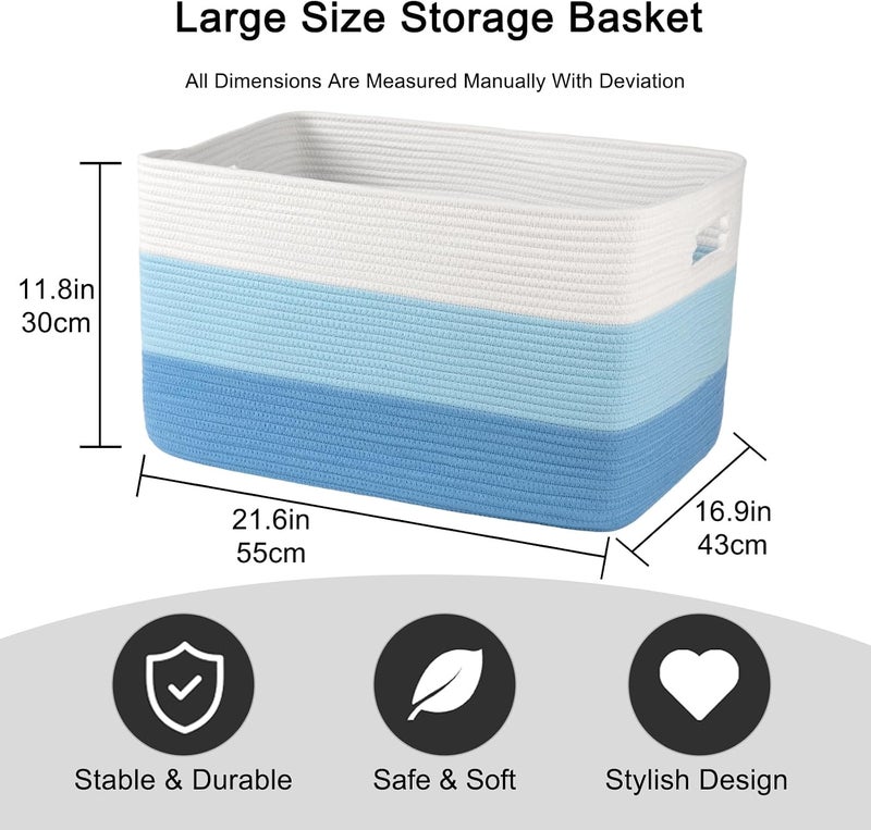 OIAHOMY Large Blanket Basket, 22”x17”x12” Rectangle Woven Baskets, Nursery Blanket Storage Living Room, Toy Storage With Handle, Large Baskets for Organizing-Gradient Light Blue - Image 3
