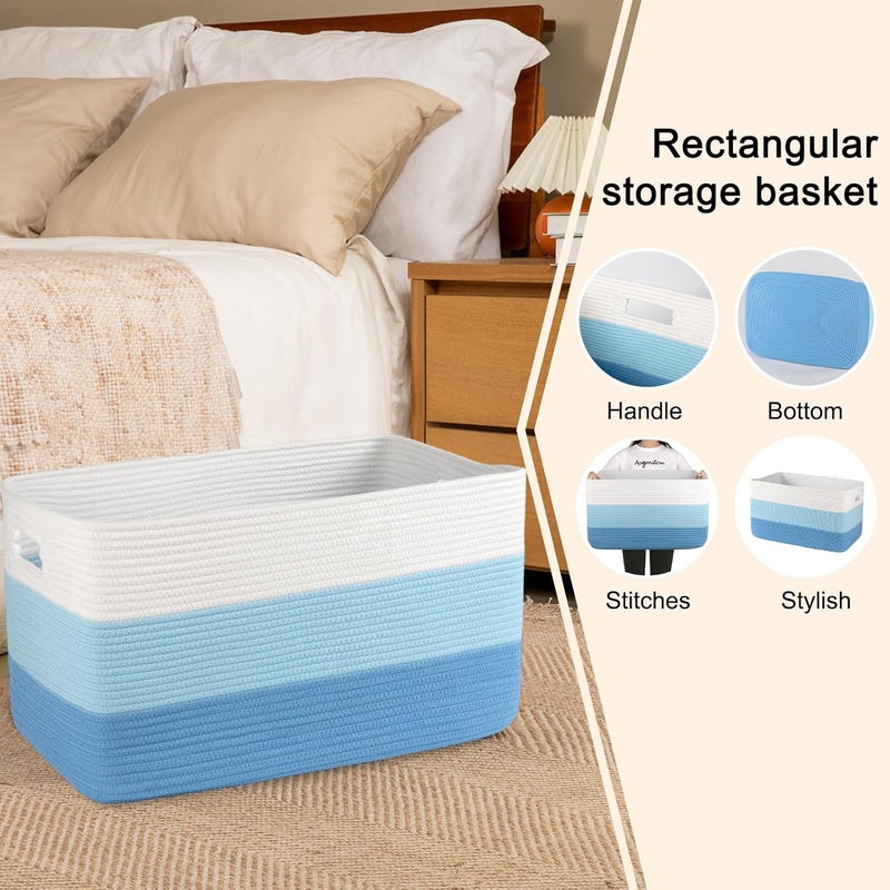 OIAHOMY Large Blanket Basket, 22”x17”x12” Rectangle Woven Baskets, Nursery Blanket Storage Living Room, Toy Storage With Handle, Large Baskets for Organizing-Gradient Light Blue - Image 5