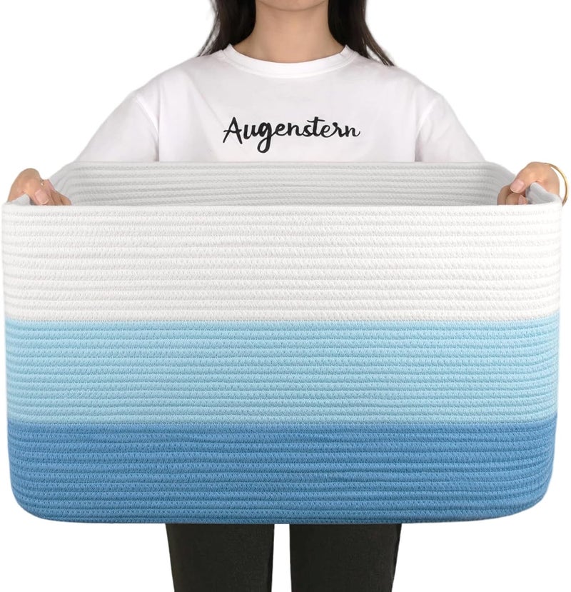 OIAHOMY Large Blanket Basket, 22”x17”x12” Rectangle Woven Baskets, Nursery Blanket Storage Living Room, Toy Storage With Handle, Large Baskets for Organizing-Gradient Light Blue - Image 1
