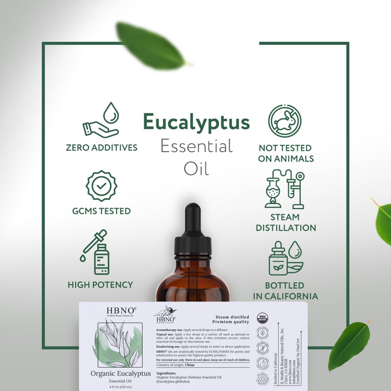 HBNO California Bottled Organic Eucalyptus Essential Oil (Globulus) - 4 fl oz (120ml) - USDA Certified Organic - Ideal for Diffuser, Hair, Face, Skin Care, Aromatherapy, Scalp & Body Massage - Image 4