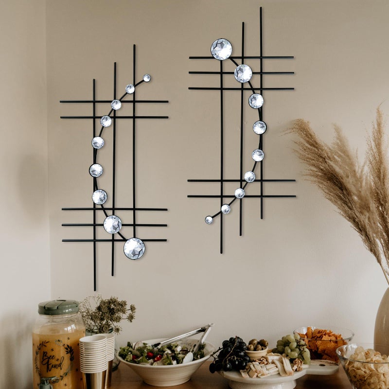 ZEXUIRU 2 Pack Black Abstrac Wall Decor â€“ Metal Crystal Wall Art with Sparkling Rhinestones, 16.5â€™â€™/24 Inch Wall Hanging Set for Living Room Bedroom Bathroom â€“ Modern Bling Home Decorations - Image 1