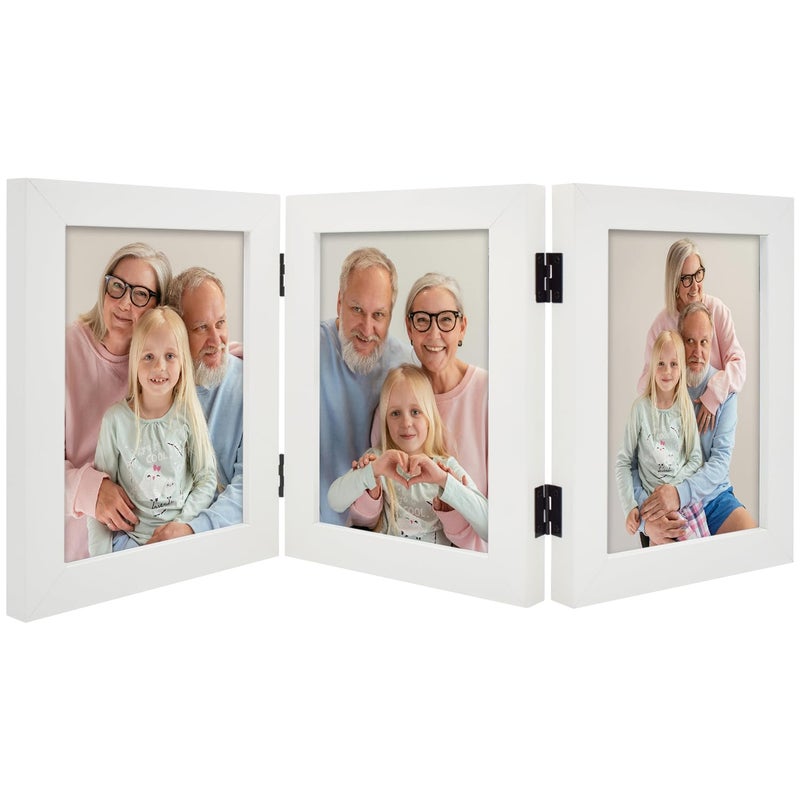 Frametory فريماتوري، 3 إطارات صور 5x7 ثلاثية الطي - زجاج حقيقي - طي ثلاثي (أبيض، 1 عبوة) - Image 1